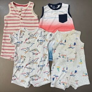 Carter's Set of 4 Kids One Piece Rompers Stripes, Dinosaurs, & Sailboats Size 9m